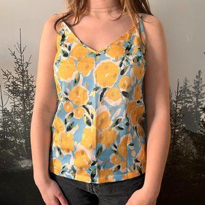 Never Fully Dressed Sleeveless Blouse: Yellow Blue Gold Floral Top Size 6